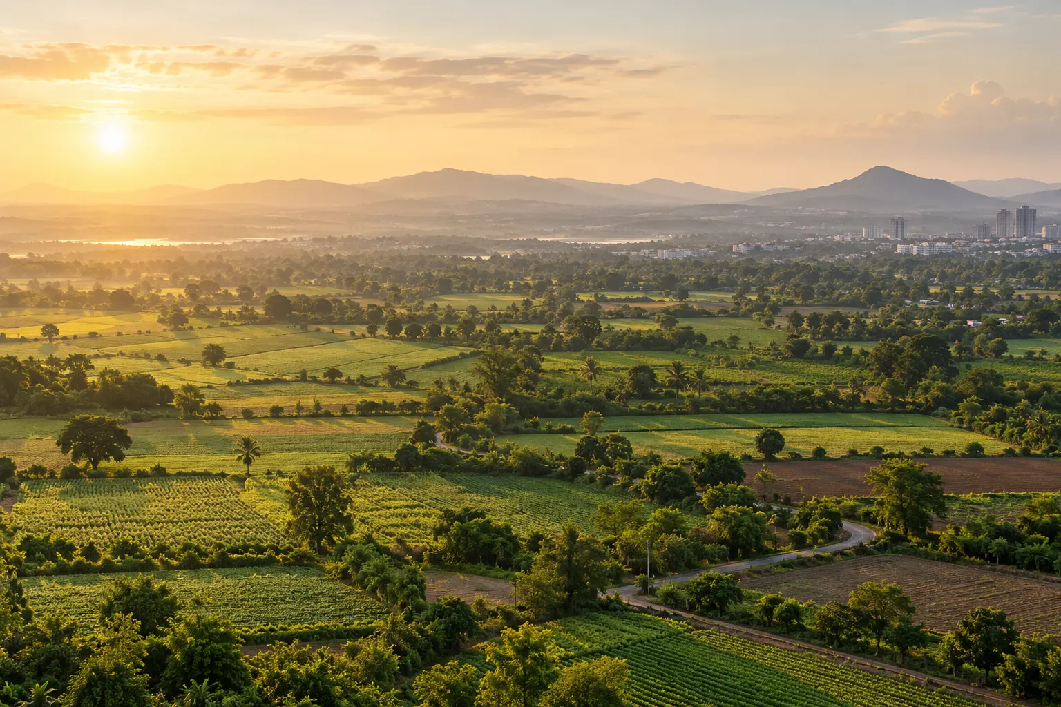 Green land parcels at the edge of a growing city in golden morning light